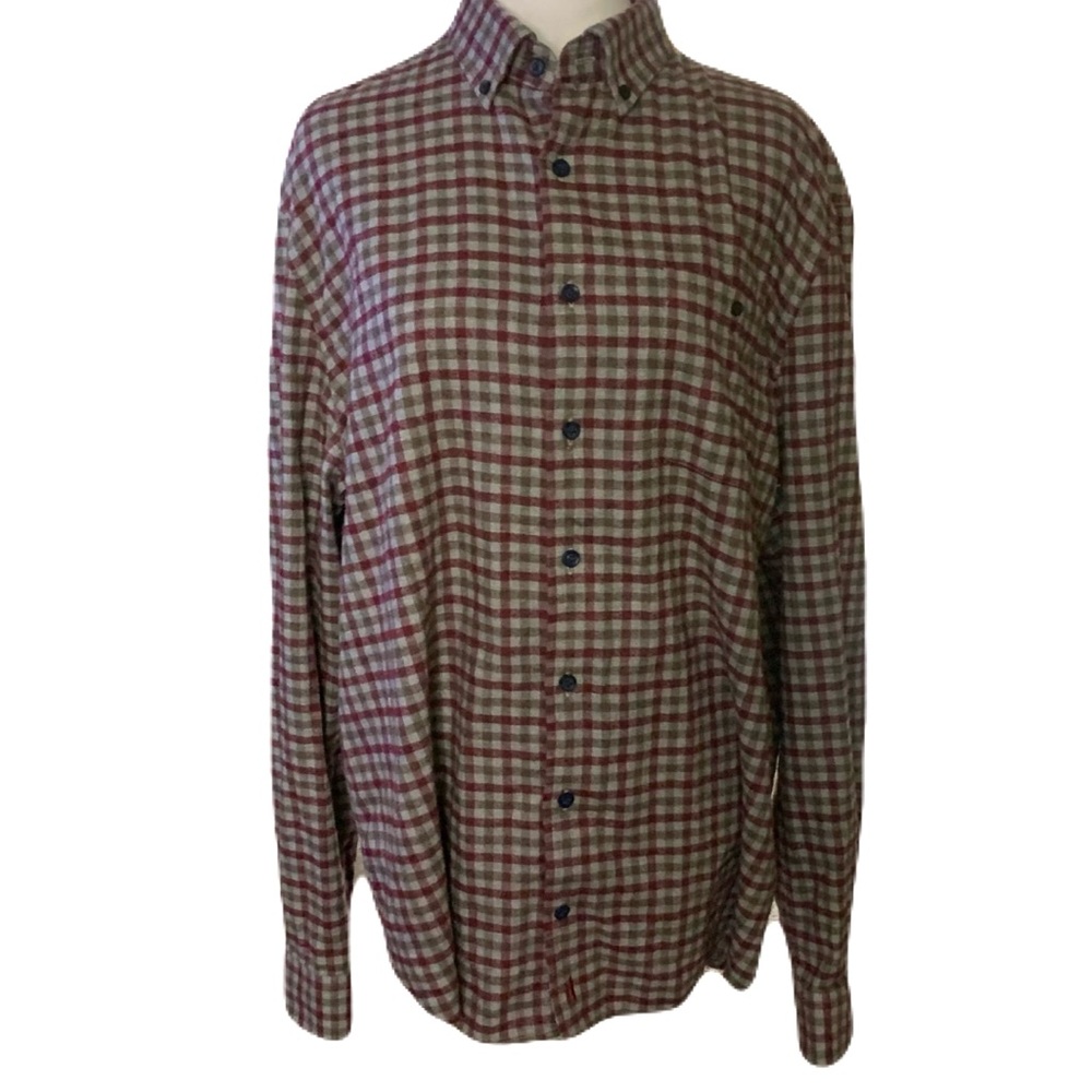 johnnie-O Men’s Large Burgundy & Gray Plaid Button Front Casual Flannel Shirt